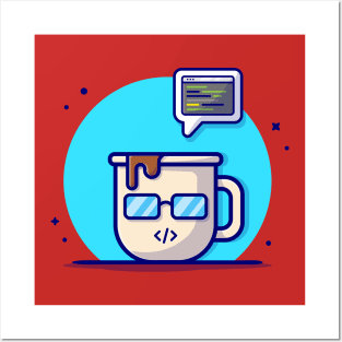 Cute Coffee With Code Cartoon Vector Icon Illustration Posters and Art